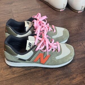 New Balance 574  Olive and Orange Sneakers with Pink Laces